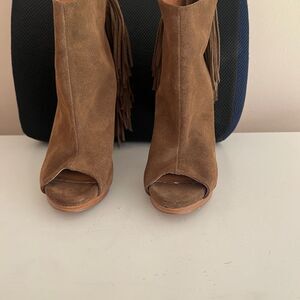 Fringe Suede Peep-Toe Boots - Brown